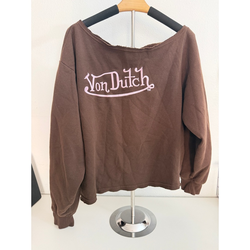 Von Dutch Brown Pink Embroidered Logo Raw Neck Sweatshirt Large Y2K Streetwear